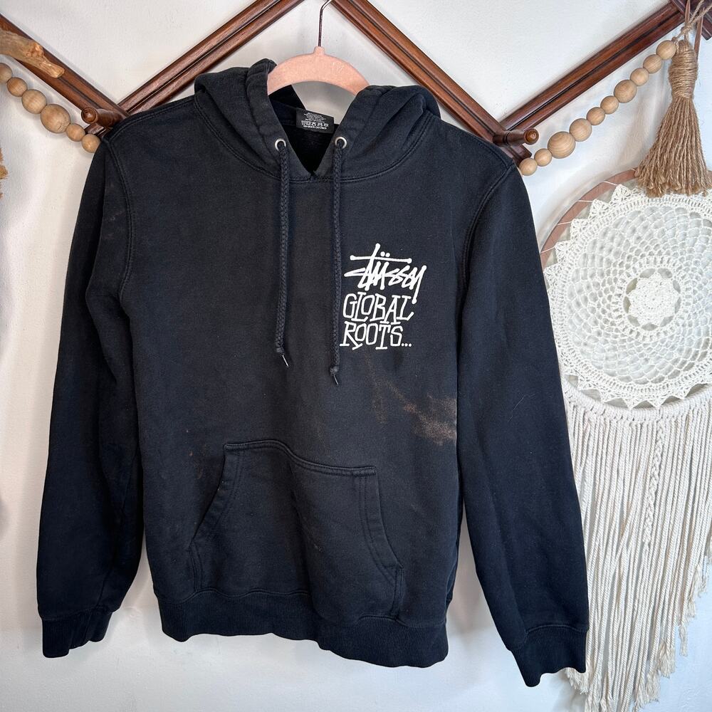 Stussy Black Global Roots Bleached Hoodie